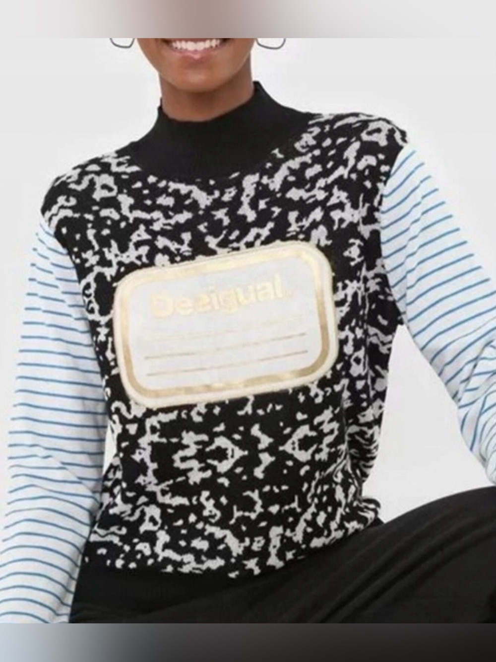 Desigual Composition Black White Pattern Mock-Neck Sweater Shirt Top